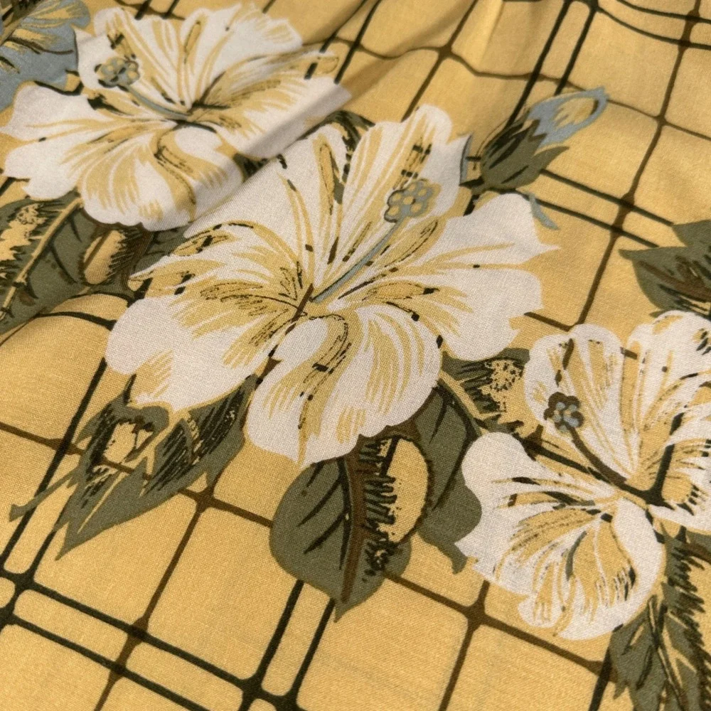 Y2K‎ Ocean Pacific Hawaiian Shirt Mens Large Yellow Rayon Floral Plaid Surf Camp